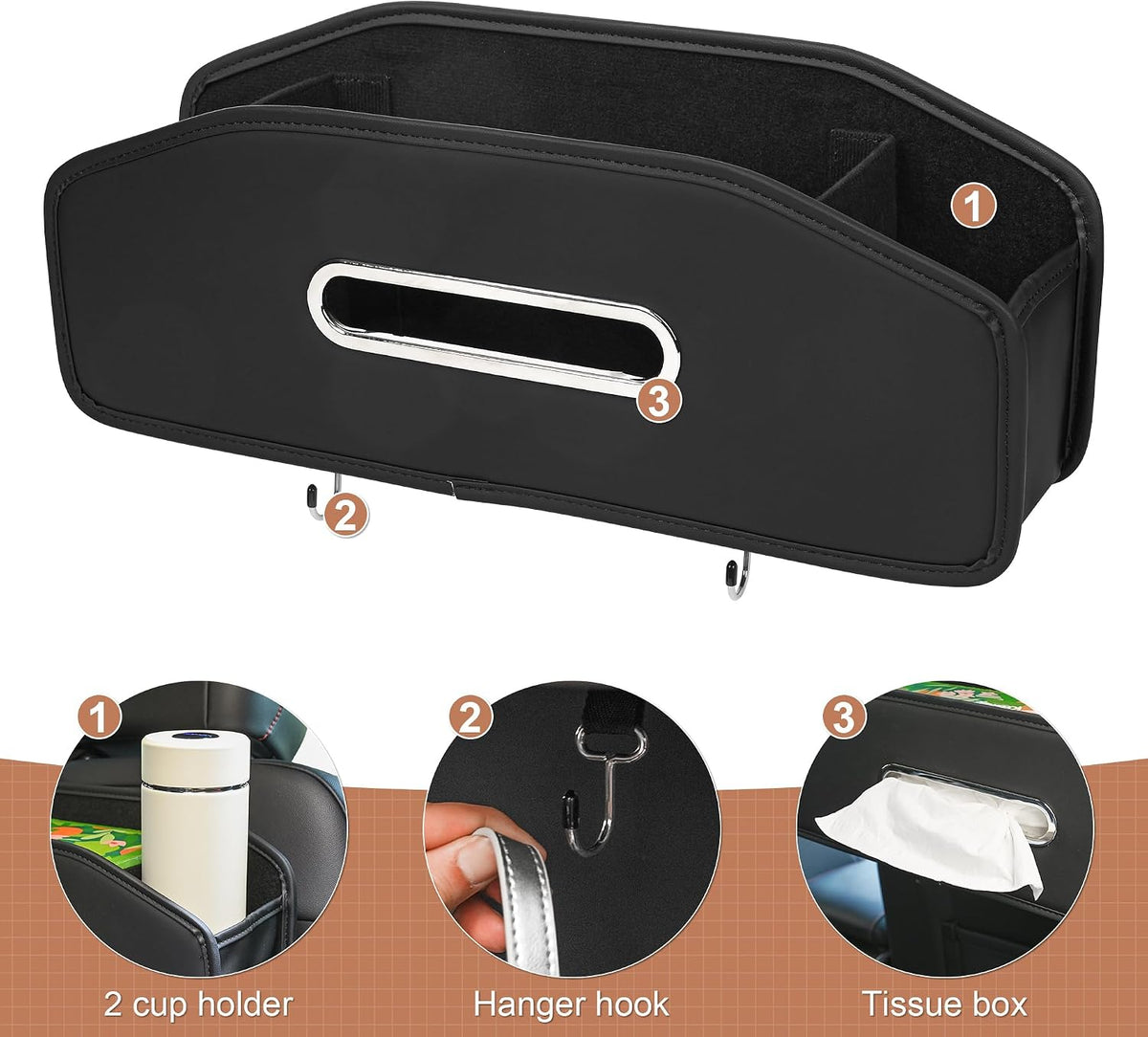 JEYODA Car Seat Back Organizer with 2 Drink Cup Holder,Car Tissue Holder and Storage Box Hook, 3 in 1 Multifunctional Storage for Food Drink Phone, Travel Accessories (Grey)