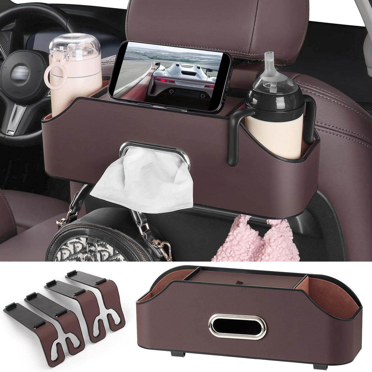 Car Seat Back Cup Holder, 4-in-1 Multifunctional Backseat Organizer with Tissue Box Storage & Hooks (Gray)
