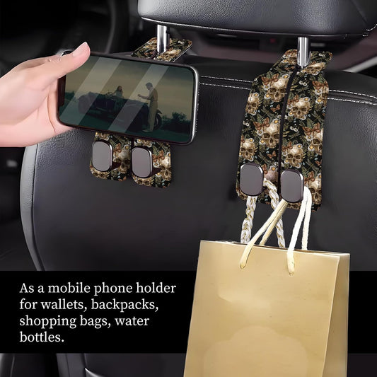Car Seat Headrest Hook, Universal Leather Cute Hanger Holder Hook, Storage Organizer Interior Accessories for Purse Bags Handbag Cute Retro Flower Skulls