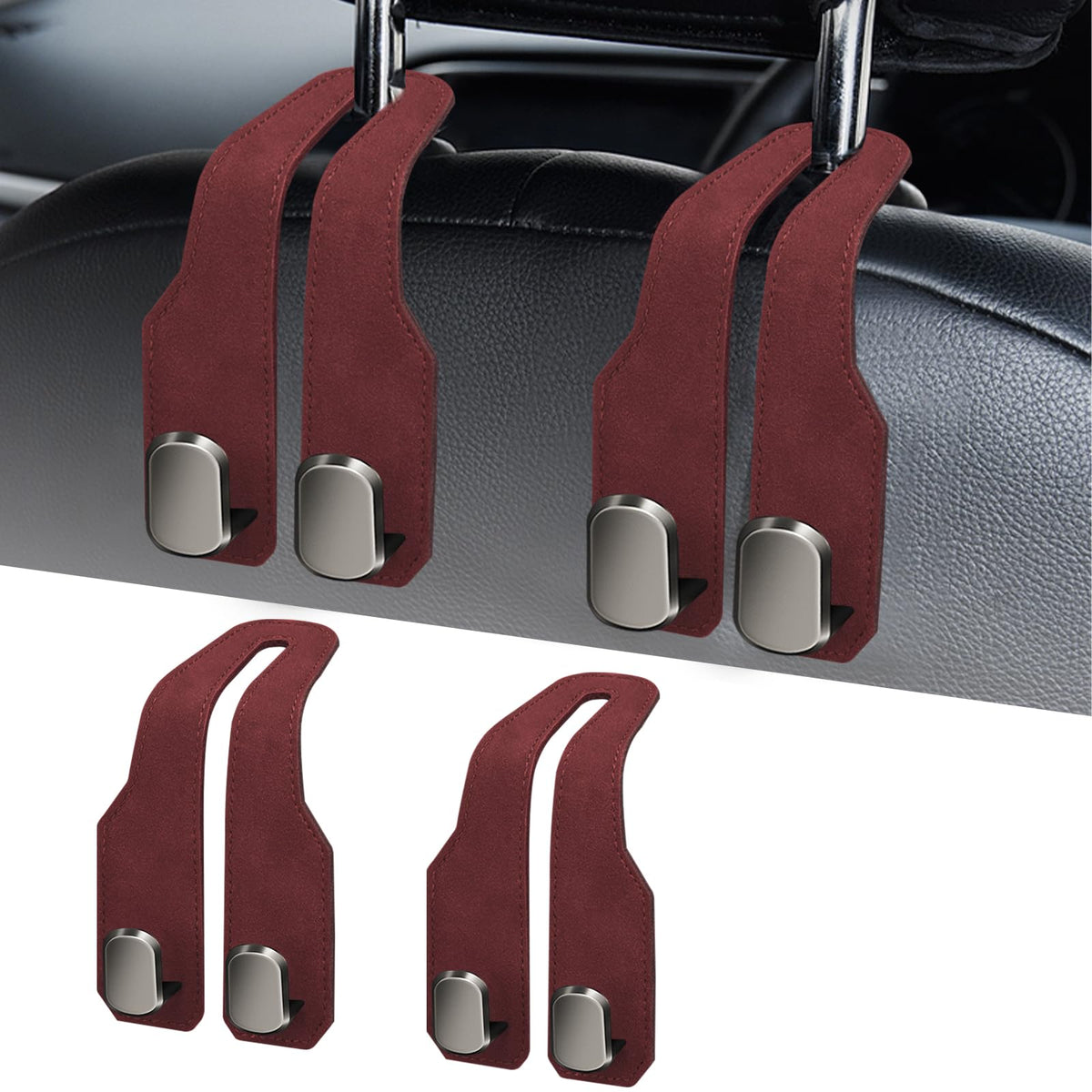 Car Purse Hook, Car Seat Headrest Hooks, Grey Leather 4 Pack