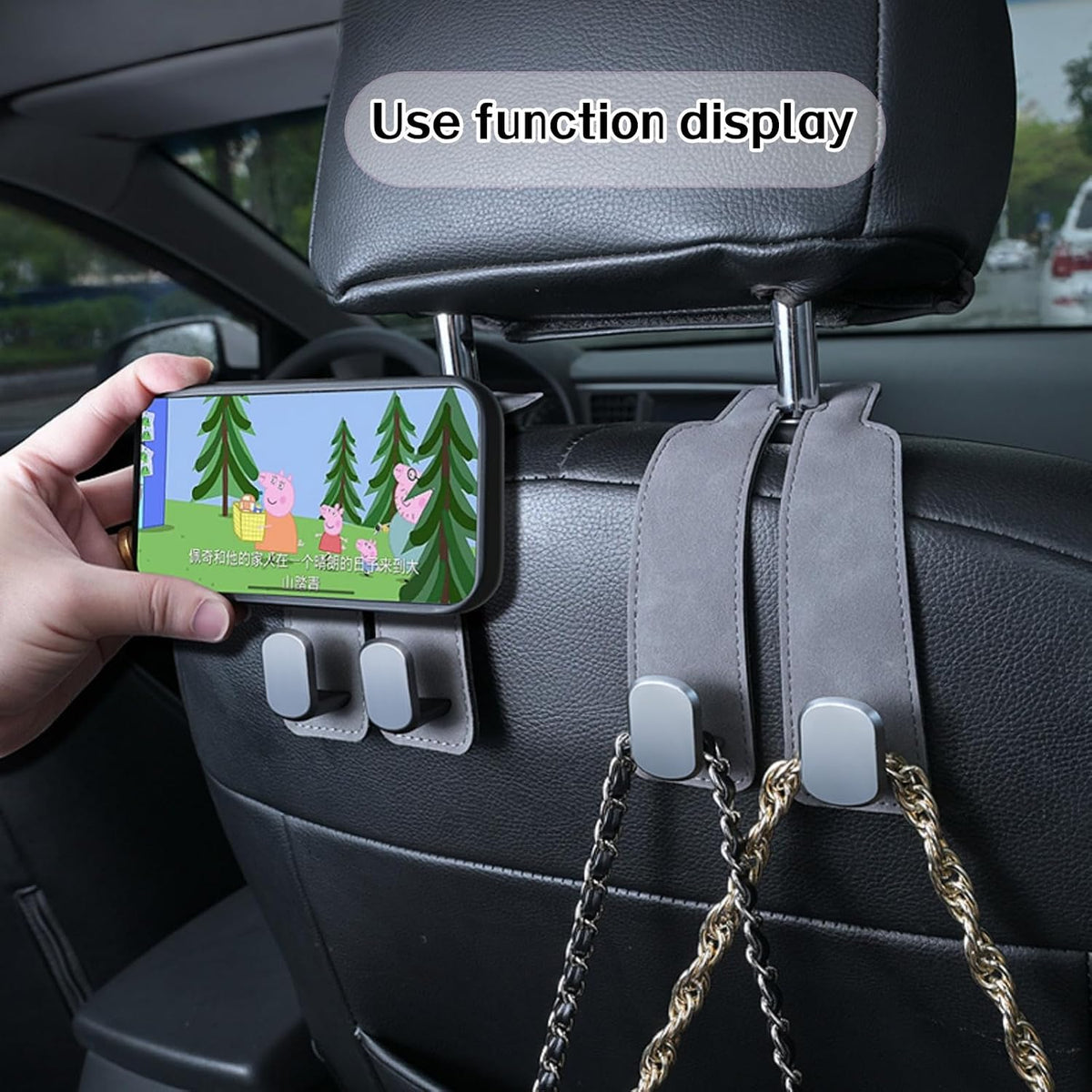 Coozyland Car Hooks, Coozy Land Metal Multi-Function Leather Car Headrest Hooks, Universal Double Hook Car Seat Back Storage Hooks for Wallets, Handbags, Bottles, Trash Bags, etc(Brown 4-Pack)