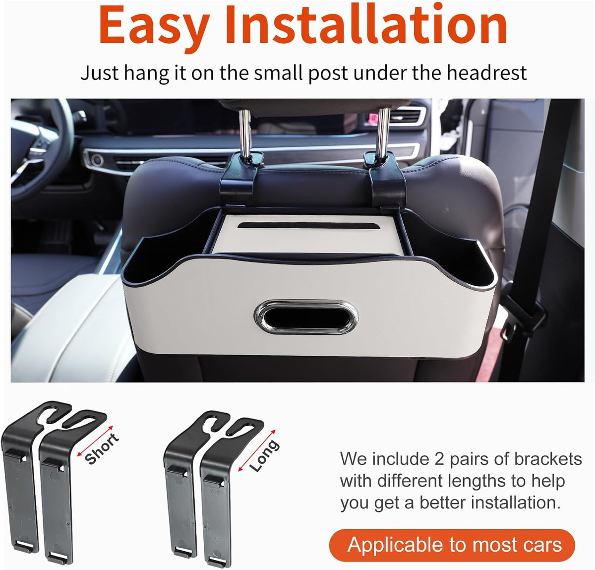Back Seat Cup Holder for Car – Multifunctional Seat Back Organizer with Drink Holders, Tissue Box Storage & Hooks, Fits Headrest for Auto. (White)