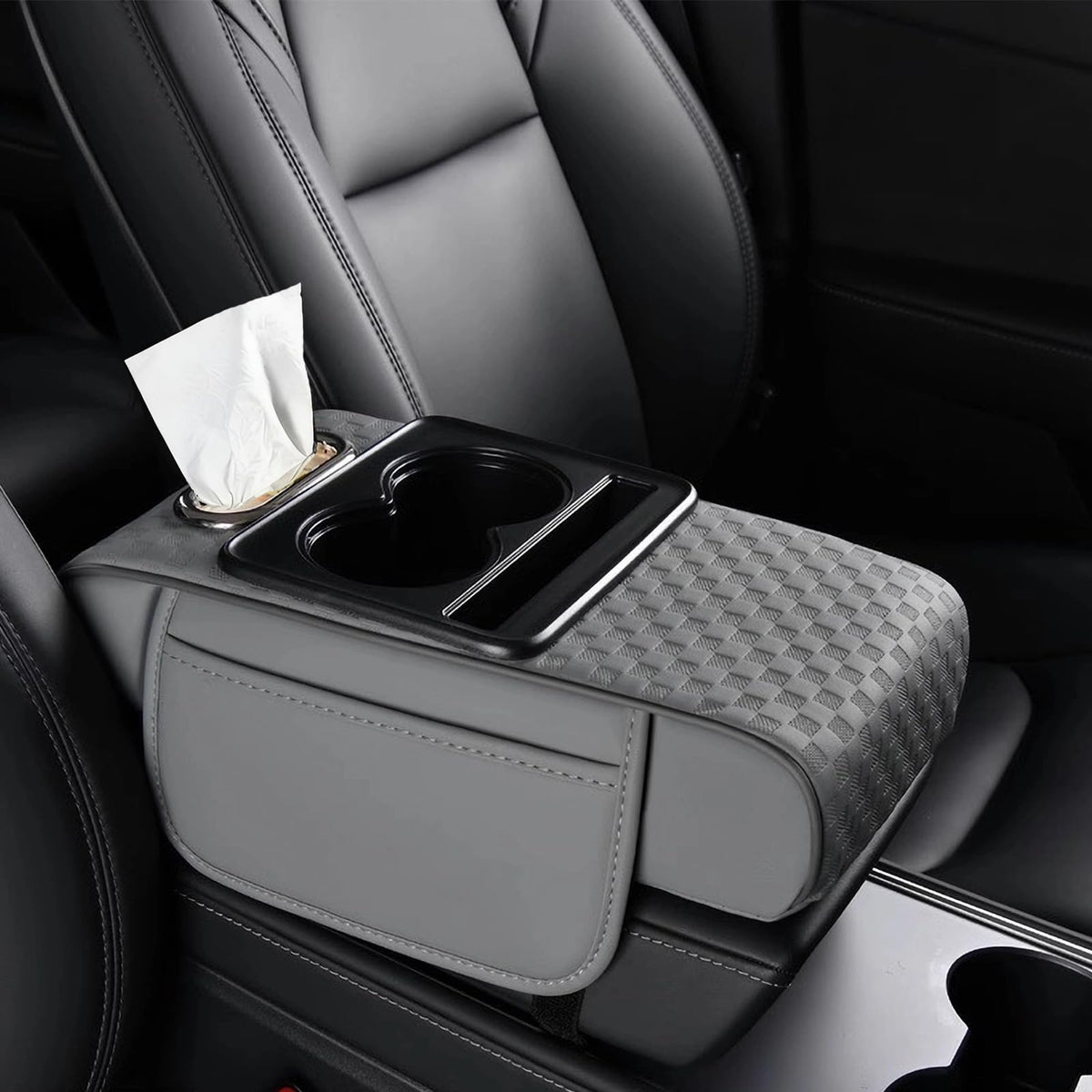 Center Console Cover,Car Armrest Cushion Multifunctional with 2 Storage Bags Cup Holder,Phone Slot,Tissue Box Slot for Most Cars Accessories Interior Organizers-Black+Red 13.8x7.9 in