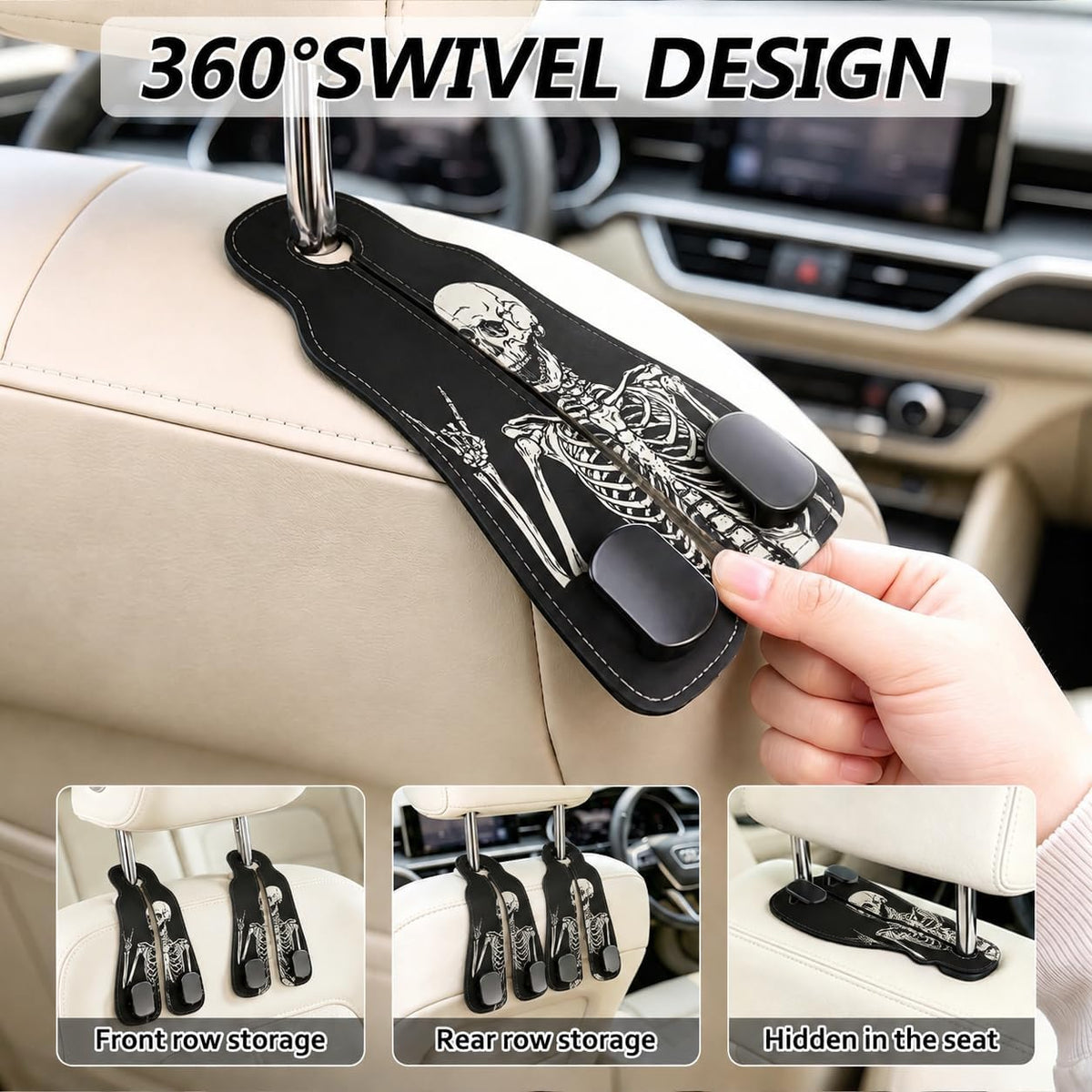 Cute Skull Skeleton Car Seat Back Storage Headrest Hooks for Purses & Bags – 2PCS PU Leather Dual Metal Hooks, Backseat Organizer Accessories