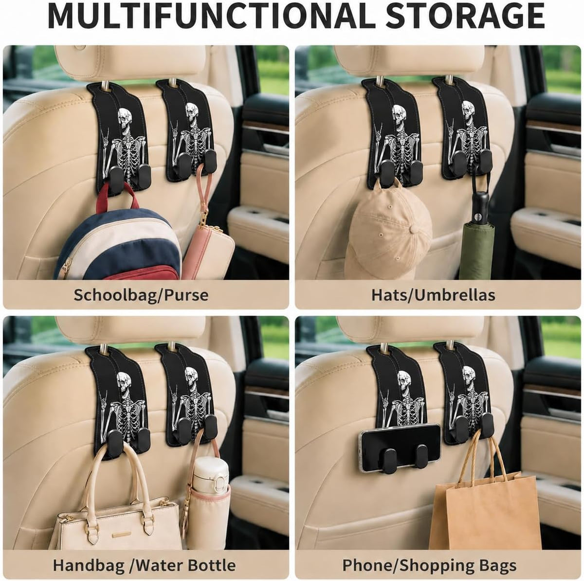 Cute Skull Skeleton Car Seat Back Storage Headrest Hooks for Purses & Bags – 2PCS PU Leather Dual Metal Hooks, Backseat Organizer Accessories