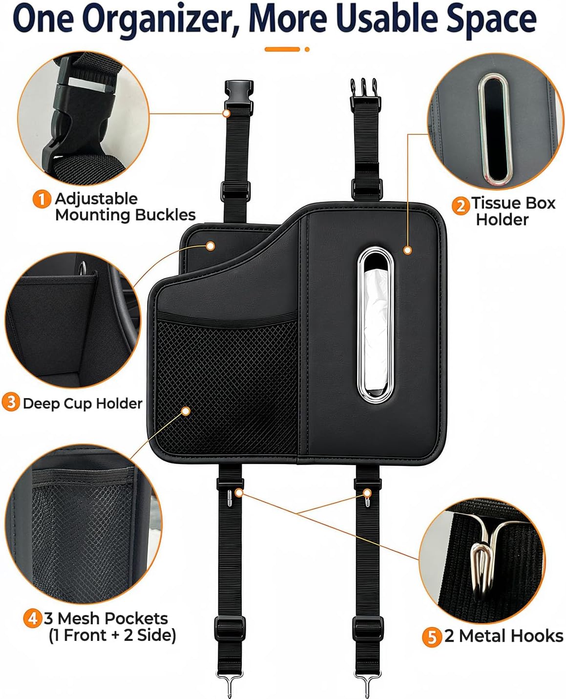 Leather Car Tissue Holder, Back Seat Car Organizer with Cup Holder & Hooks