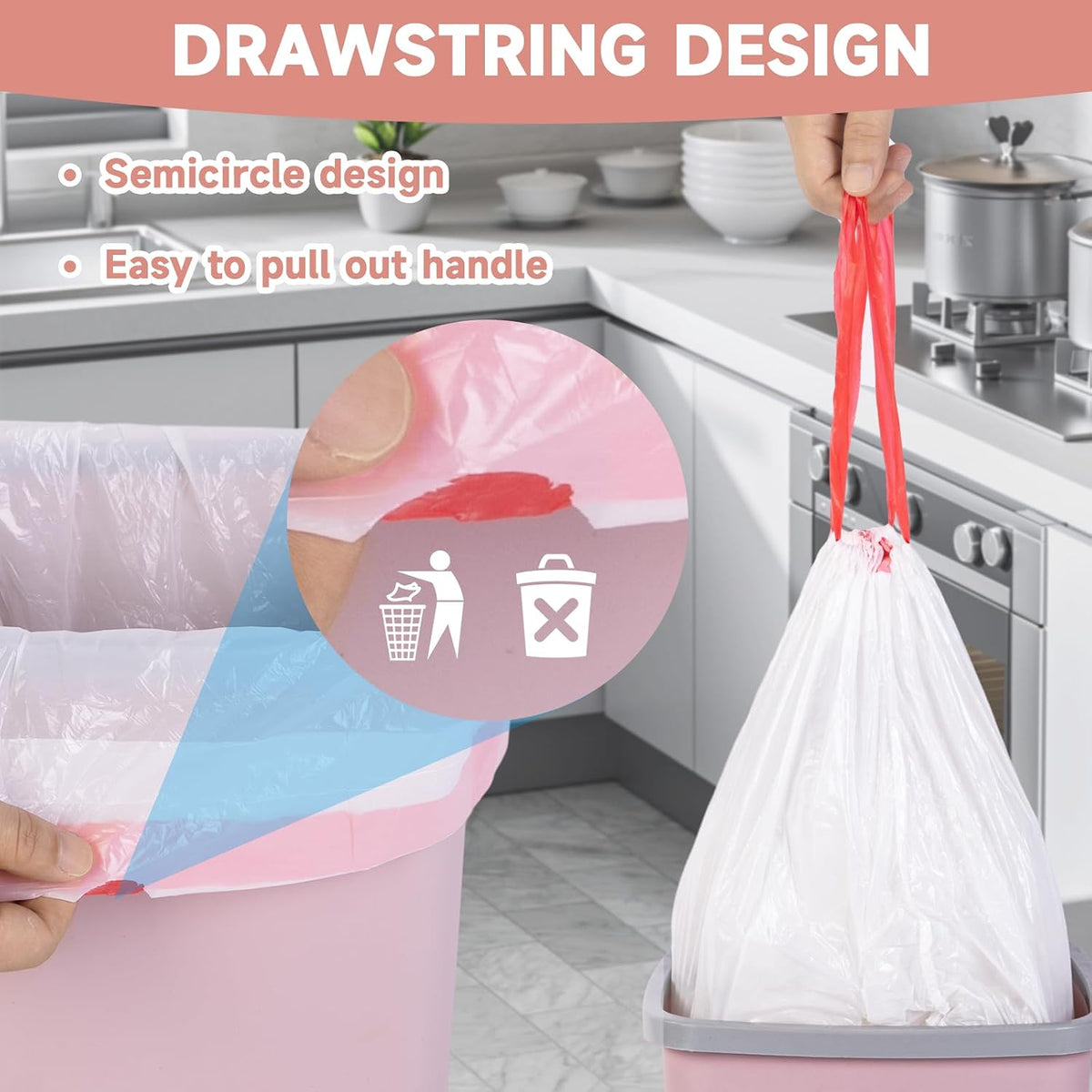 Small Trash Bags Bathroom 2 Gallon - Drawstring Kitchen Garbage Bag 125 Count Clear White Mini Unscented Strong Durable Bulk Wastebasket Plastic Liners for Car Office Can