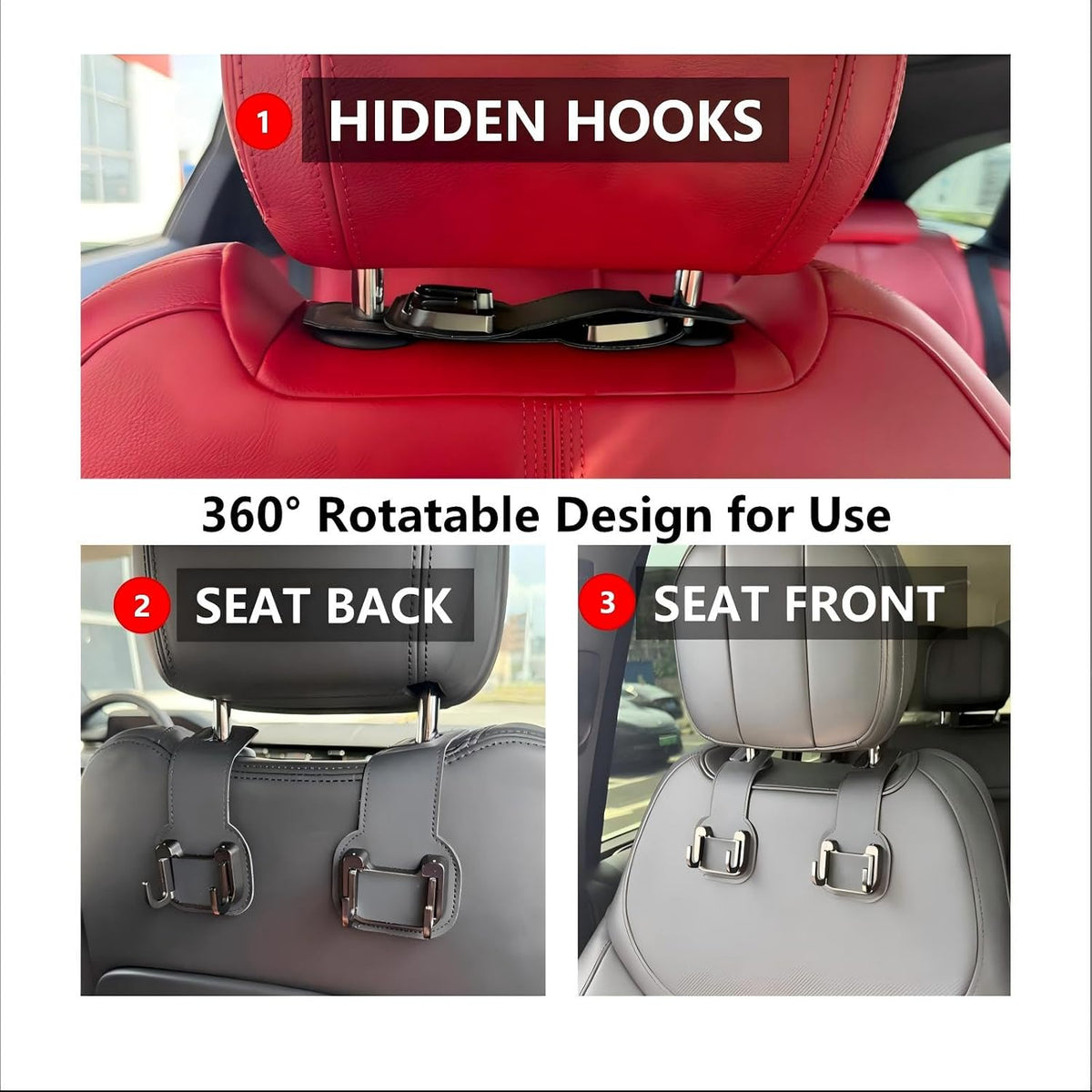 Headrest Hooks for Car, Car Seat Back Organizer Storage Hook, 2 Pack, Black