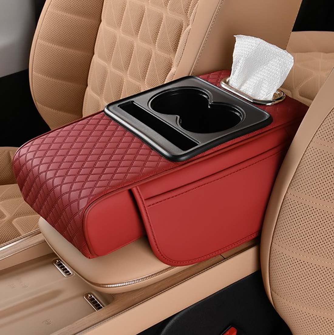 Car Armrest Cushion for SUV with Cup Holder 2.75" Height,5-in-1 Center Console Cover with 2 Storage Bags, Tissue Box Slot, Phone Slot for Sedans, Car Accessories Interior Organizers (Black)