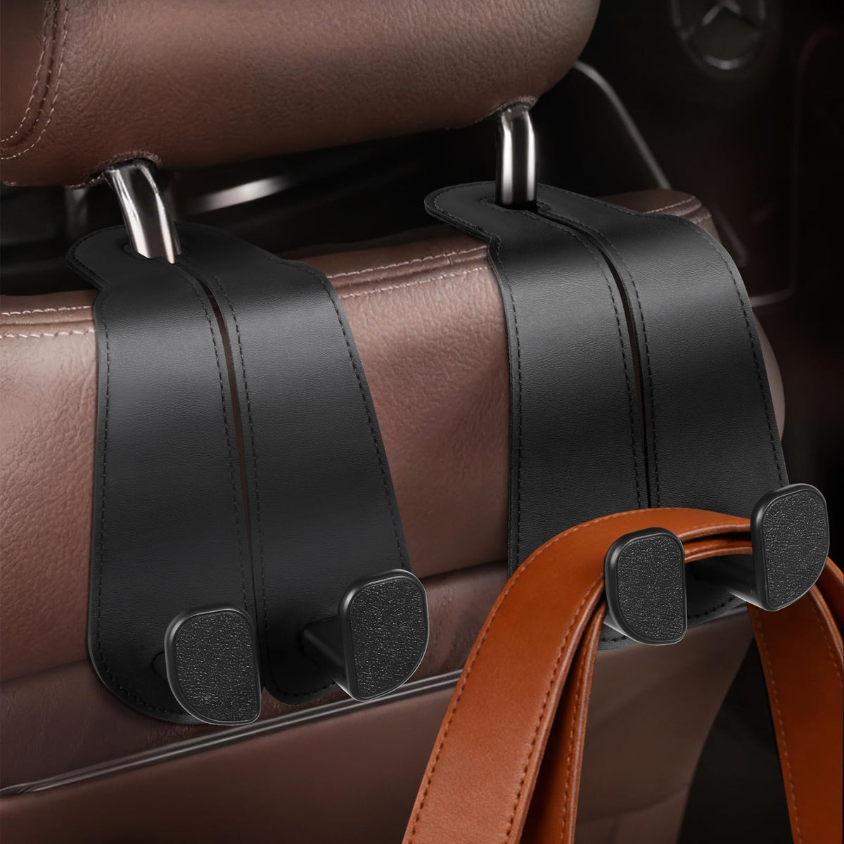 CoBak Purse Hook for Car - Universal Premium Stitched Leather and Aluminum-Magnesium Alloy Double Car Seat Back Storage Hook for Purses, Handbags, Bags (4 Pack),Black