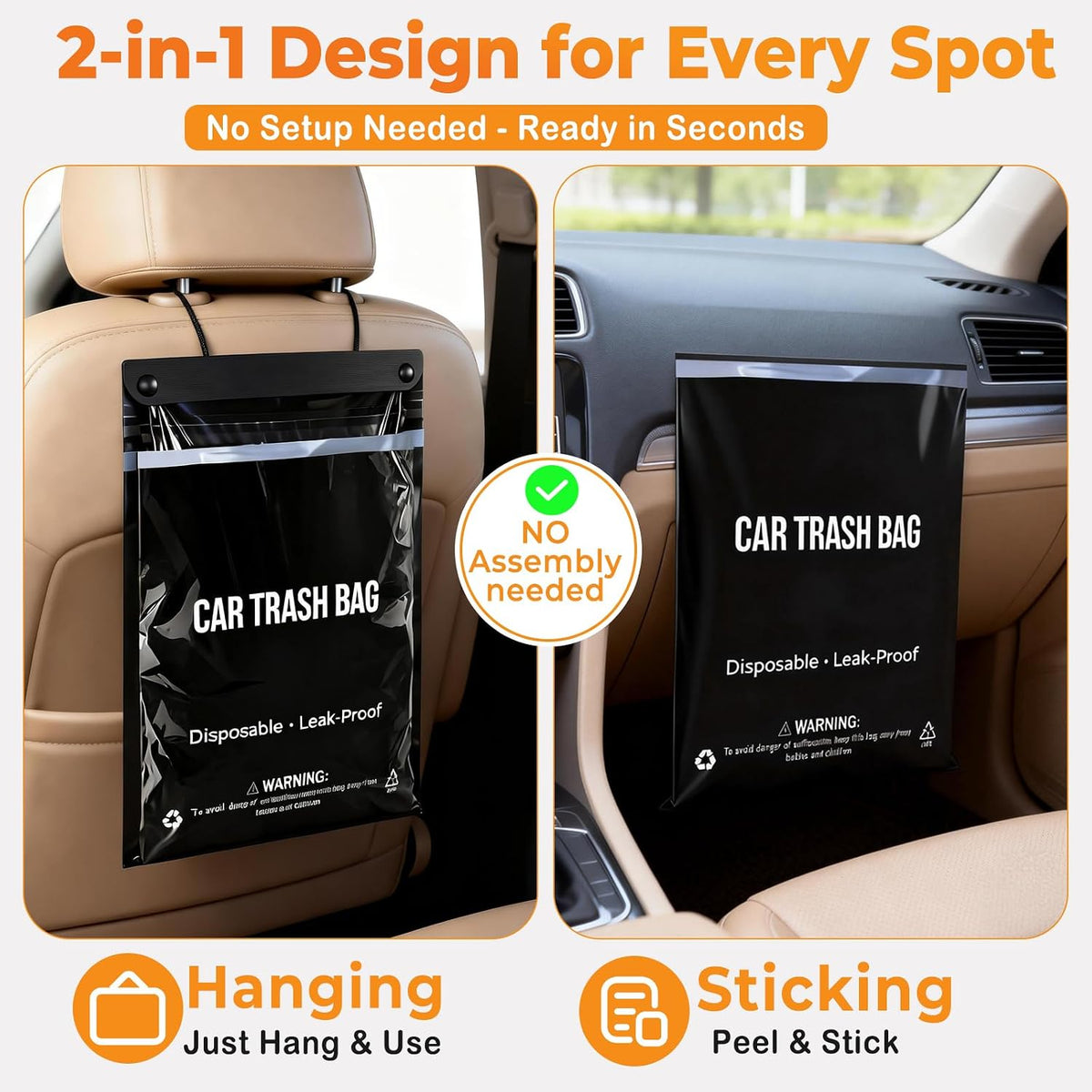 100 Count Disposable Car Trash Bags, Hanging & Stick-On Car Trash Can