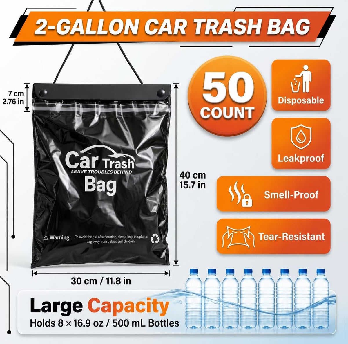50 Count Recycled Disposable Car Trash Bags Hanging Leakproof Garbage Bags 2 Gallon Heavy Duty Alternative to Bulky Car Trash Can Leakproof Smellproof Stick-On for Car SUV Truck Travel