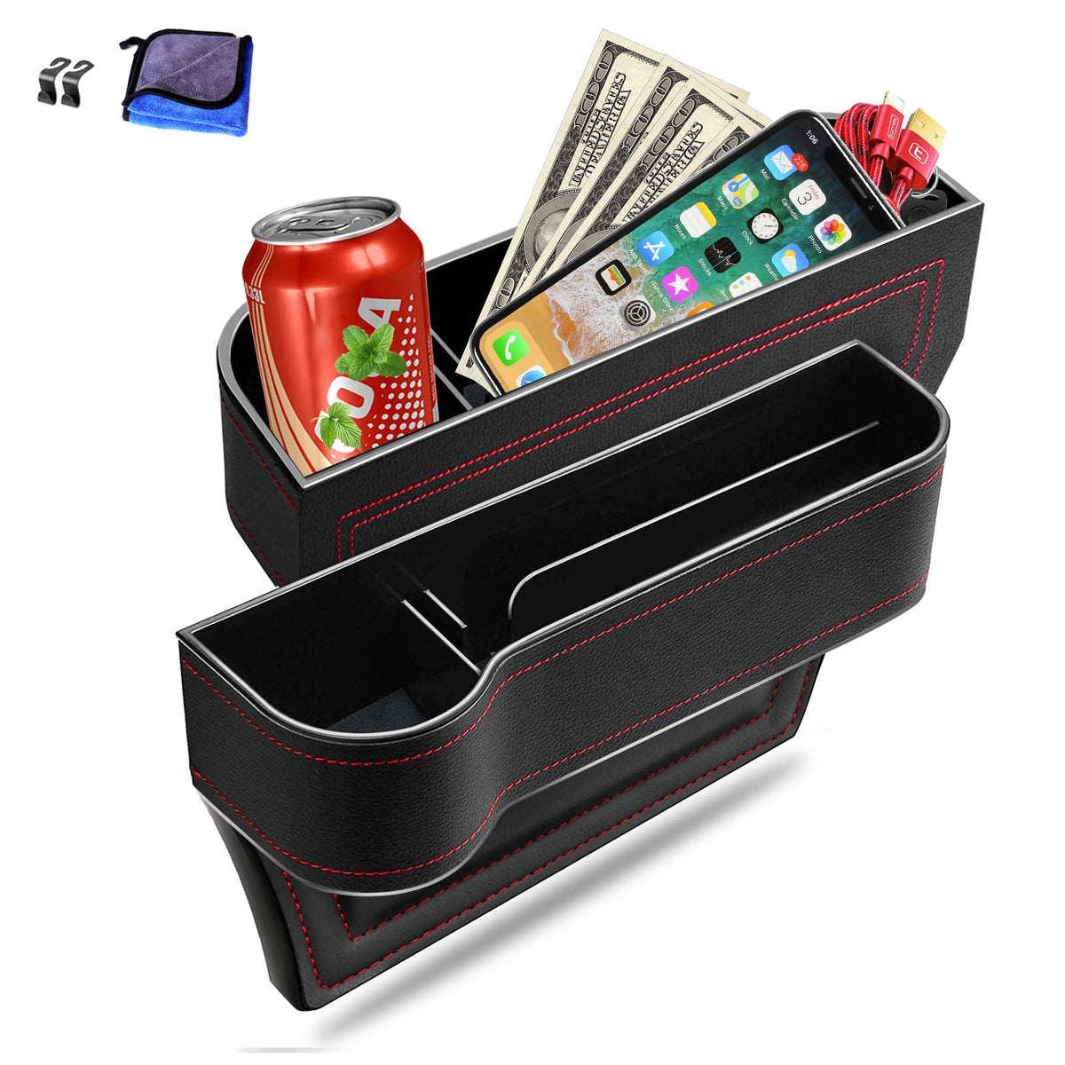 Car Seat Gap Filler Organizer, 2 Pack Multifunctional Auto Console Side Storage Box with Cup Holders 2 Seat Hooks for Drink, Car Organizer Front Seat for Holding Phone, Sunglasses