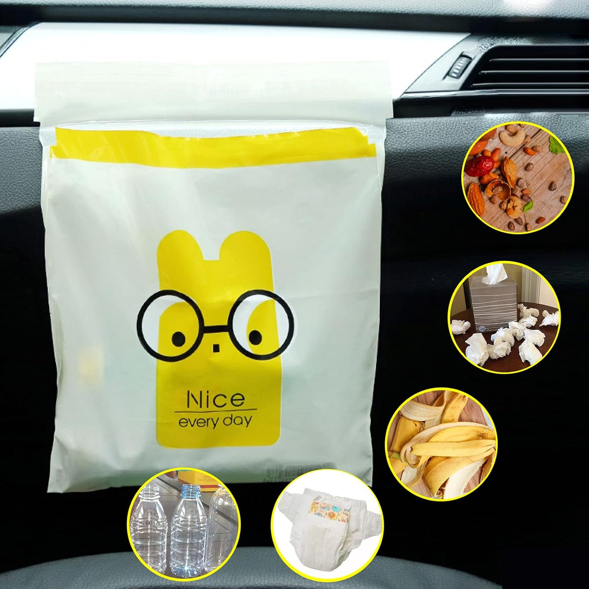 72pcs Car Trash Bags Easy Stick-On Disposable Portable Car Garbage Bags, Waterproof Leak Proof Barf Vomit Bags, Self Adhesive Cleaning Bags for Cars, Bedrooms, Bathrooms, Offices, Kitchens - Pattern A