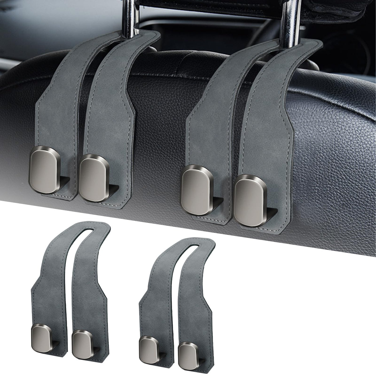 Car Purse Hook, Car Seat Headrest Hooks, Grey Leather 4 Pack