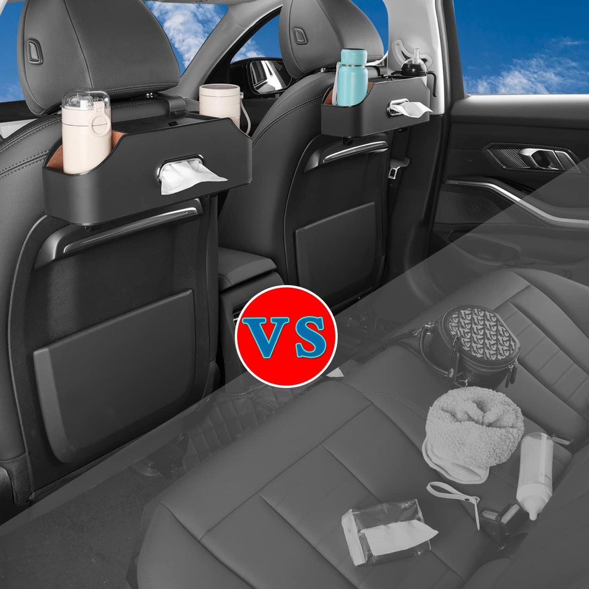 HOLDCY Car Back Seat Organizer with 2 Cup Holders, Tissue Storage, Black