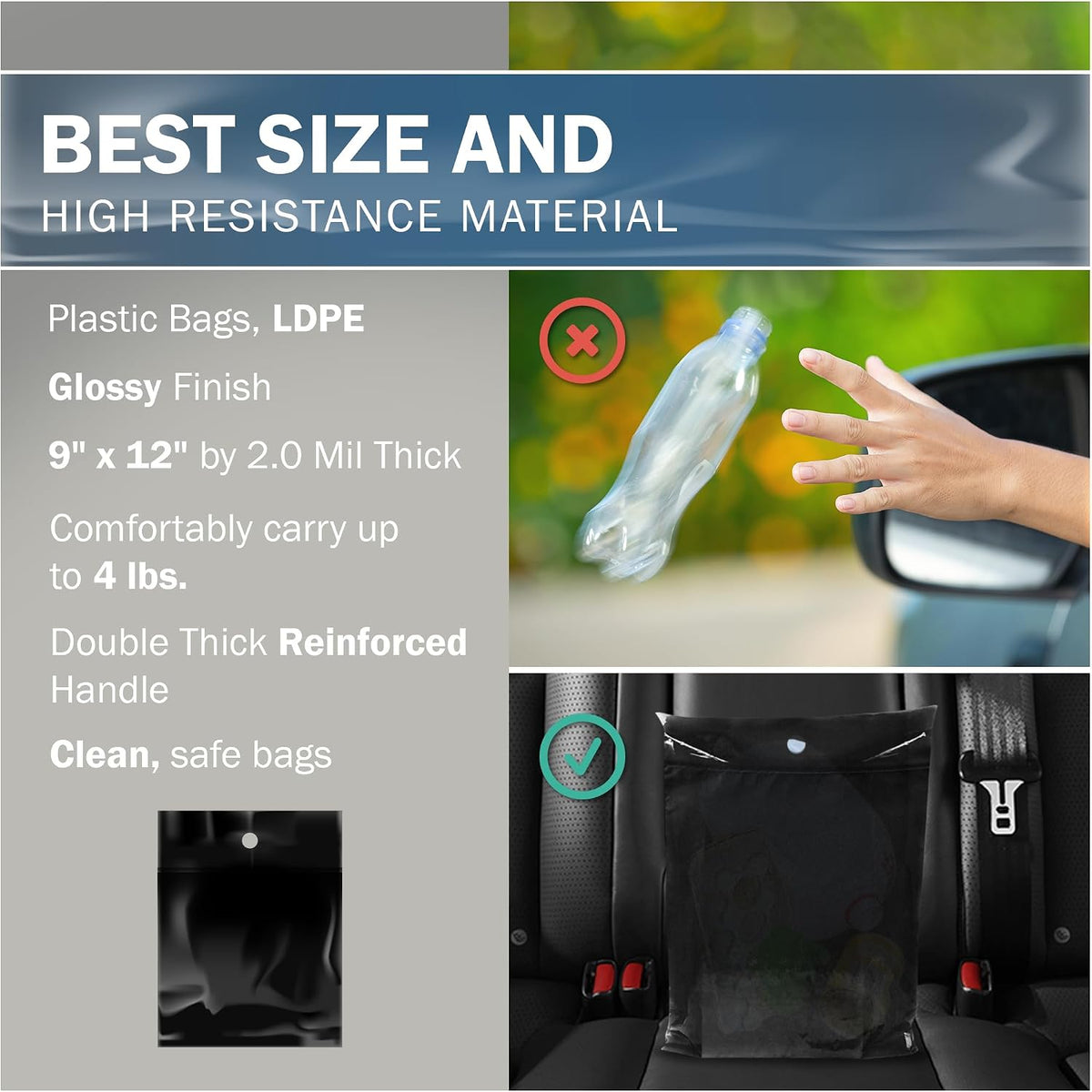 9x12 Black Car Trash Bags, Leak-Proof, Compact, Headrest, 2 Mil, 50 Pack