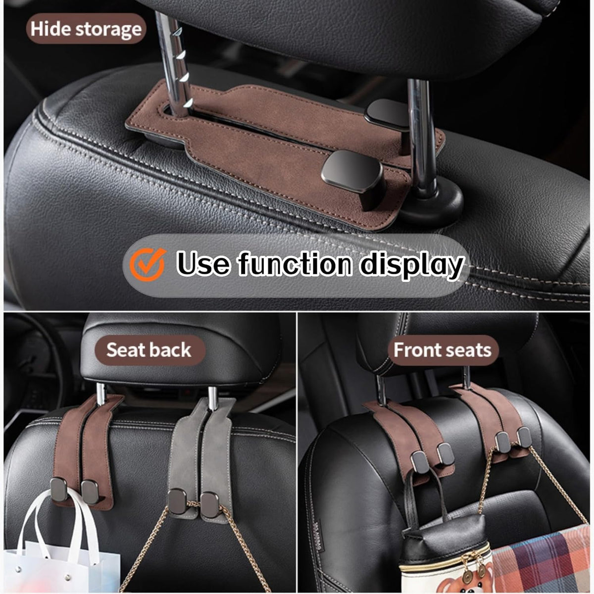 Coozyland Car Hooks, Coozy Land Metal Multi-Function Leather Car Headrest Hooks, Universal Double Hook Car Seat Back Storage Hooks for Wallets, Handbags, Bottles, Trash Bags, etc(Brown 4-Pack)