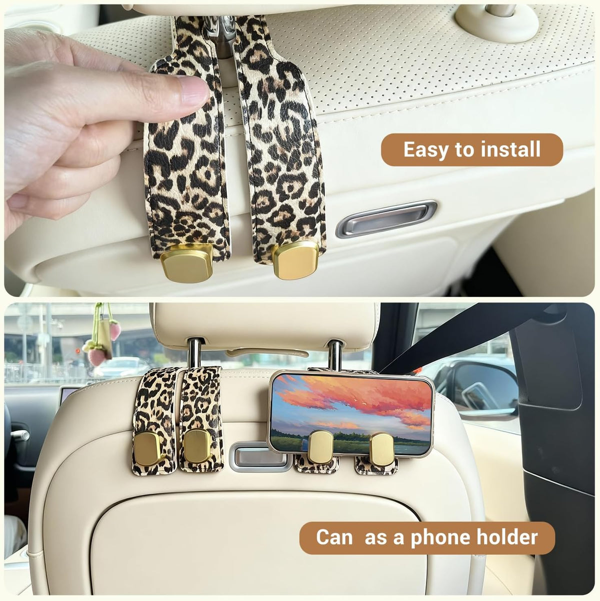 2 Pack Purse Hook for Car Headrest, Car Seat Back Storage Hook for Purses and Bags, Car Back Seat Headrest Purse Holder, Hanger Storage Organizer (Leopard)