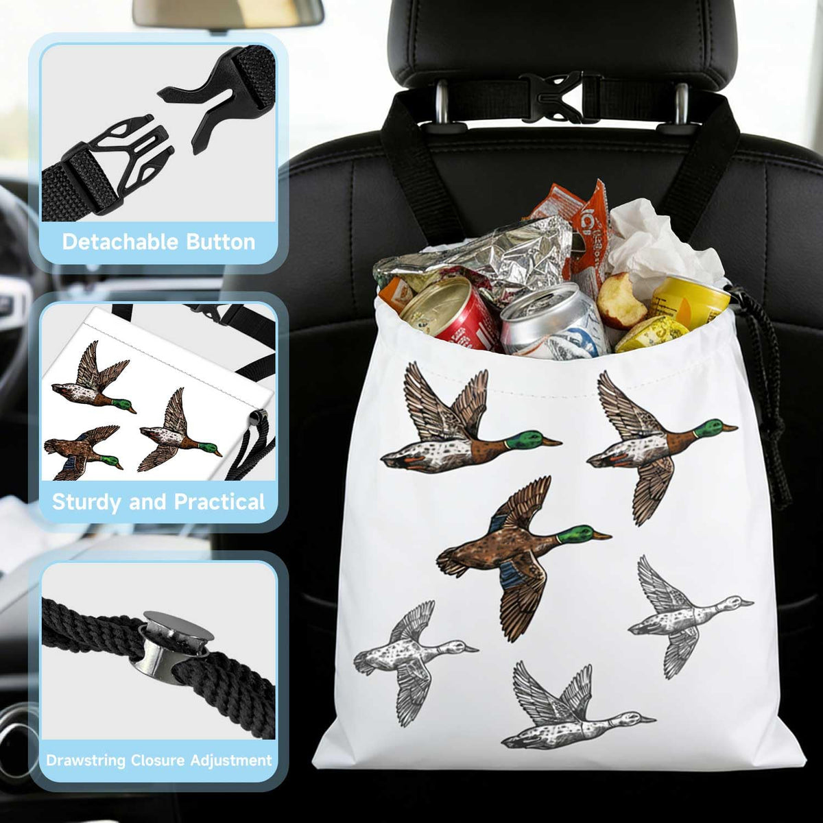 Wild Ducks Car Trash Bag - Waterproof Car Trash Bag Hanging Leakproof Car Garbage Bag - Washable Reusable Trash Bag for Car Interior Hanging Organizer Storage Vehicle Travelling Camping