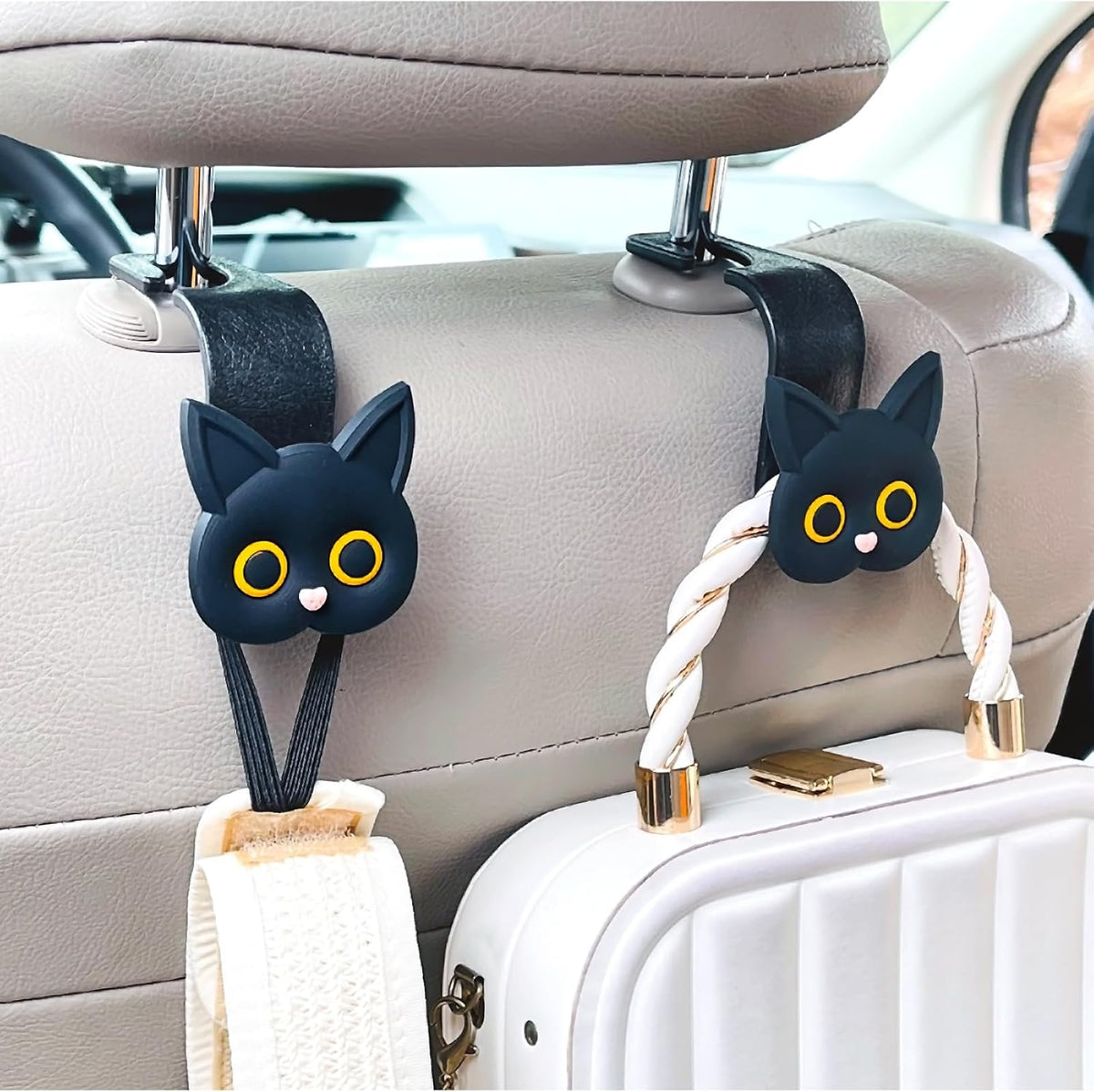 Car Seat Headrest Hooks, 2 Pack Black Cute Cartoon Cat Hook