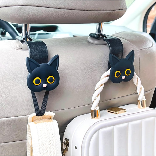 Car Seat Headrest Hooks, 2 Pack Black Cute Cartoon Cat Hook