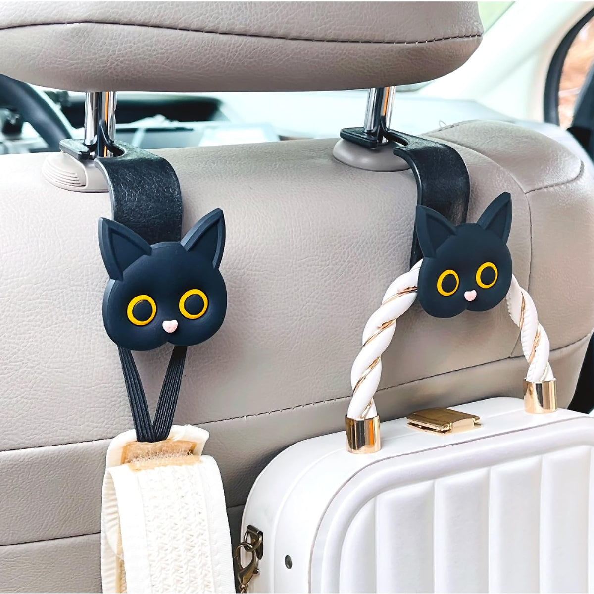 Car Seat Headrest Hooks, 2 Pack Black Cute Cartoon Cat Hook