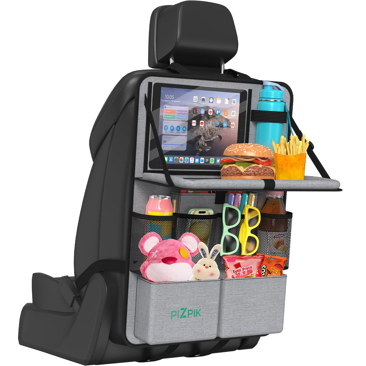 Plzpik Car Backseat Organizer with Tray(2Pack),13 Storage Pockets with Foldable Food Tray, Protector Kick Mats for Kids, Travel Accessories Organizer (Black)
