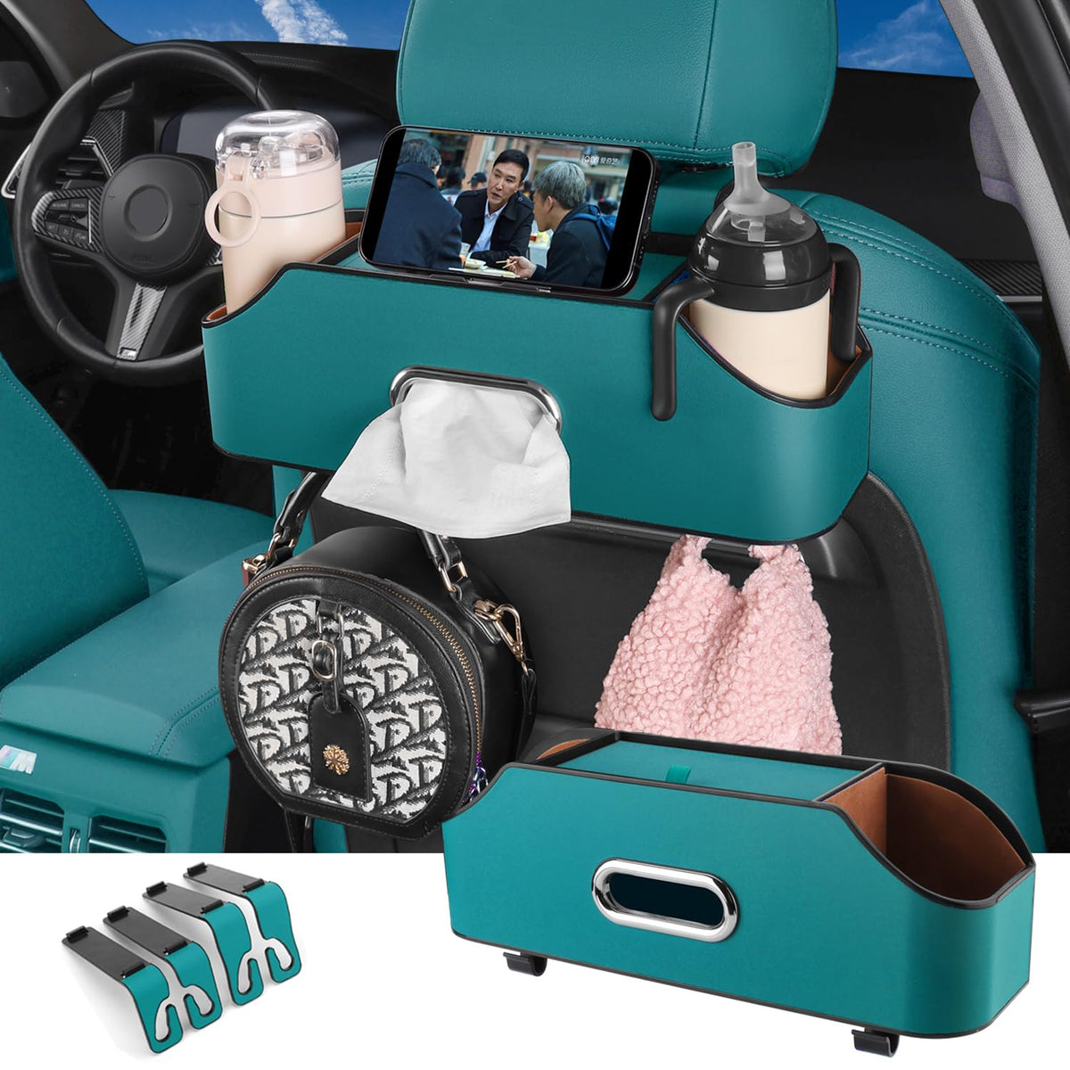 HOLDCY Car Back Seat Organizer with 2 Cup Holders, Tissue Storage, Black