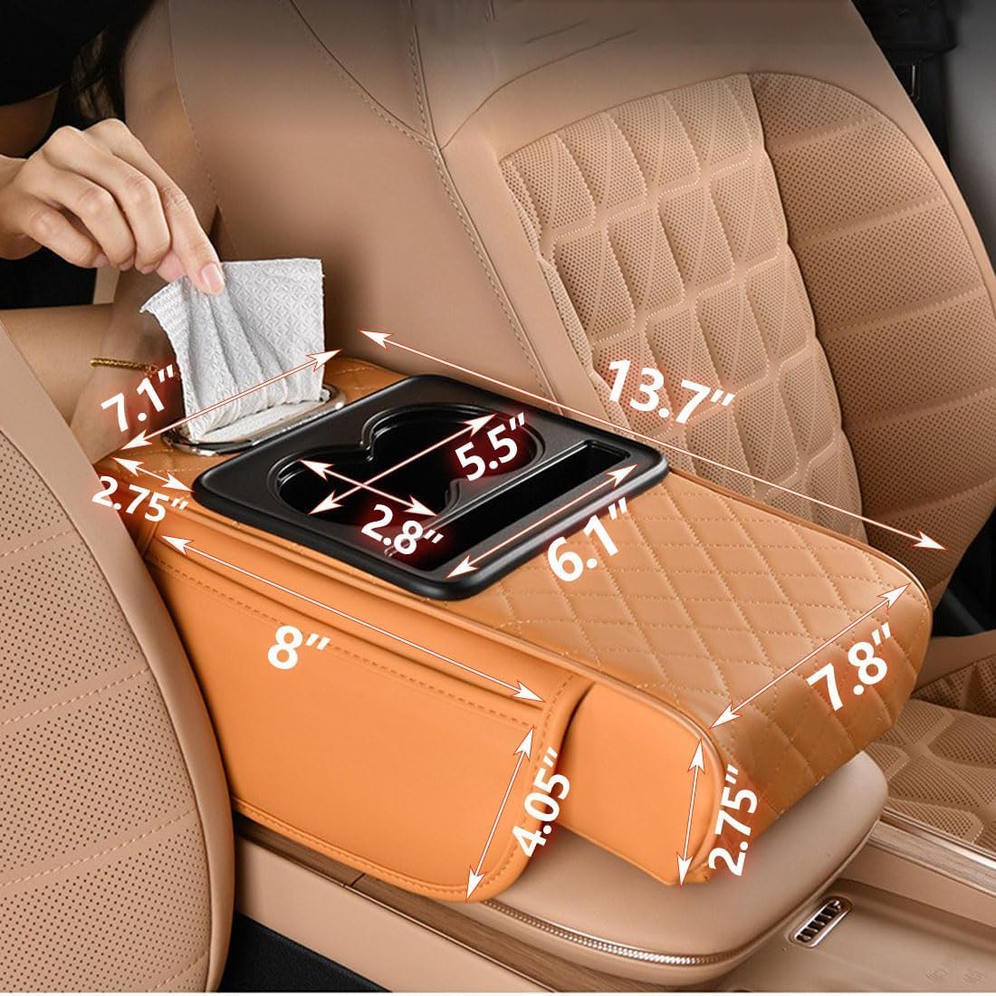 Car Armrest Cushion for SUV with Cup Holder 2.75" Height,5-in-1 Center Console Cover with 2 Storage Bags, Tissue Box Slot, Phone Slot for Sedans, Car Accessories Interior Organizers (Black)