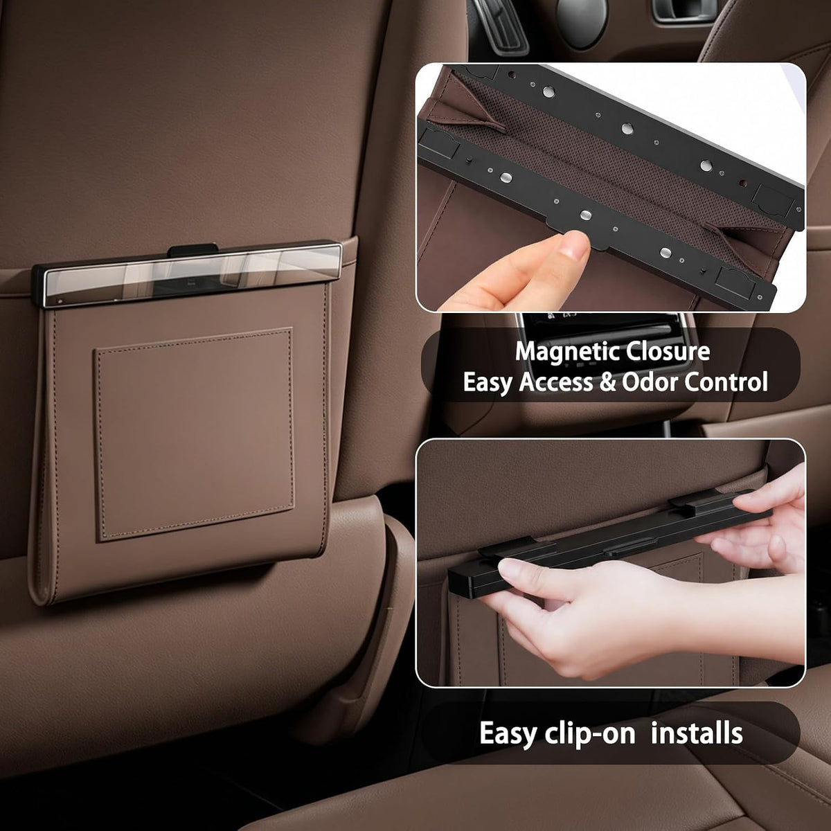 Premium Leather Car Trash Can, Slim Odor-Proof Hanging Garbage Bag with Magnetic Closure, Waterproof Auto Car Seat Organizer (Includes 2 Rolls of Bags) (Brown)