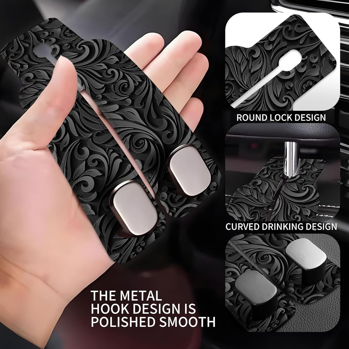 Car Seat Back Storage Headrest Hook, Premium Leather Double Metal Hook, Hanger Storage Organizer for Purse Cloth Bag, Car Interior Accessories Luxury Black Flowers