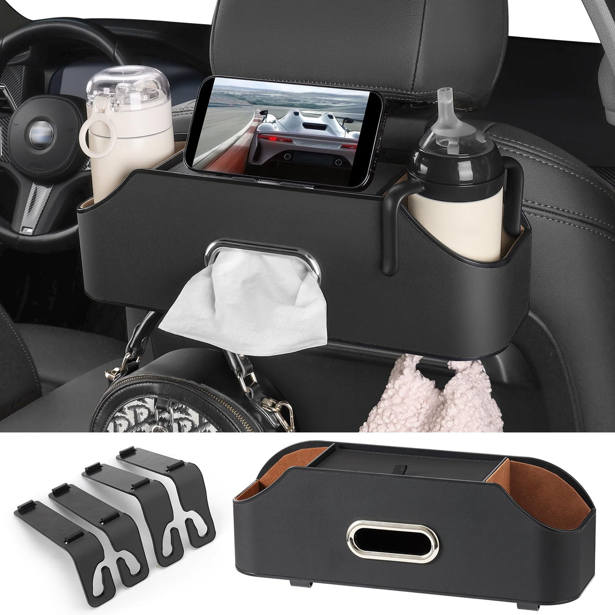 Car Seat Back Cup Holder, 4-in-1 Multifunctional Backseat Organizer with Tissue Box Storage & Hooks (Gray)