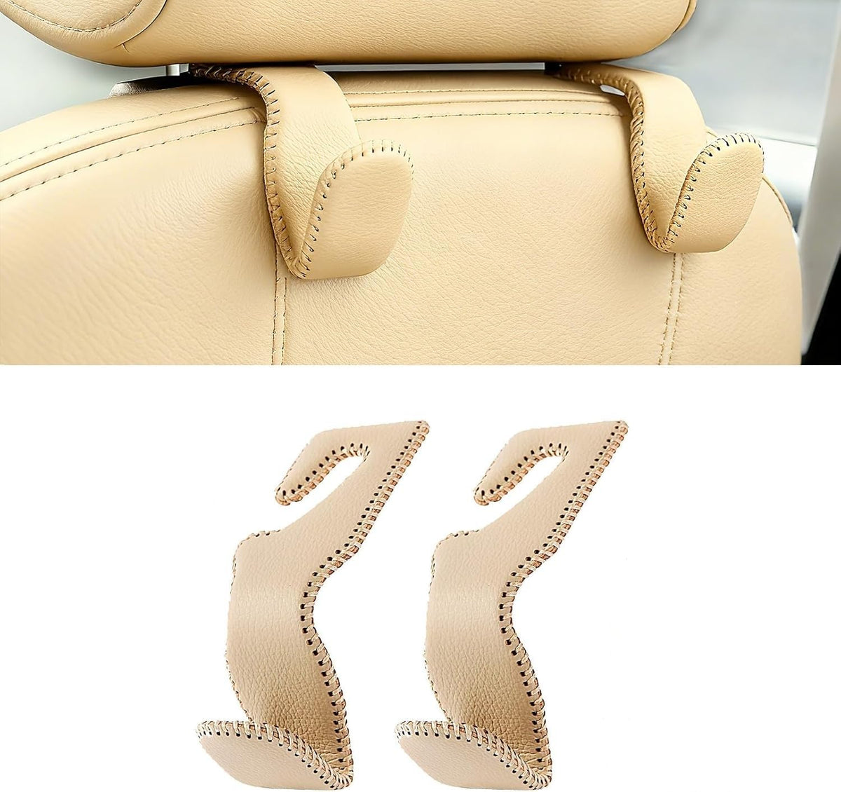 AMVOYOA Headrest Hooks for Car, Back Seat Organizer Gray Leather Hanger Holder Hook, for Hanging Purses and Bags and Coats, Pack of 2