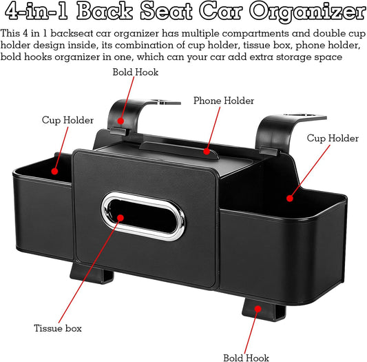 4-in-1 Back Seat Car Organizer, Upgraded Multifunctional Car Storage Box, Hanging Back Seat Storage Organizer, Partition Design, with Phone Holder, Tissue Box, 2 Cup Holders, 2 Hooks