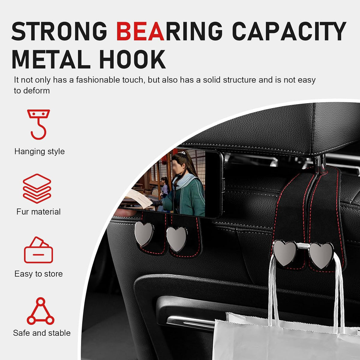 2 PCS Car Seat Headrest Hook, Suede Cute Heart Shape Metal Double Head Purse Hook, Universal Automotive Seat Back Storage Hanger, Car Accessories for Women (Black)