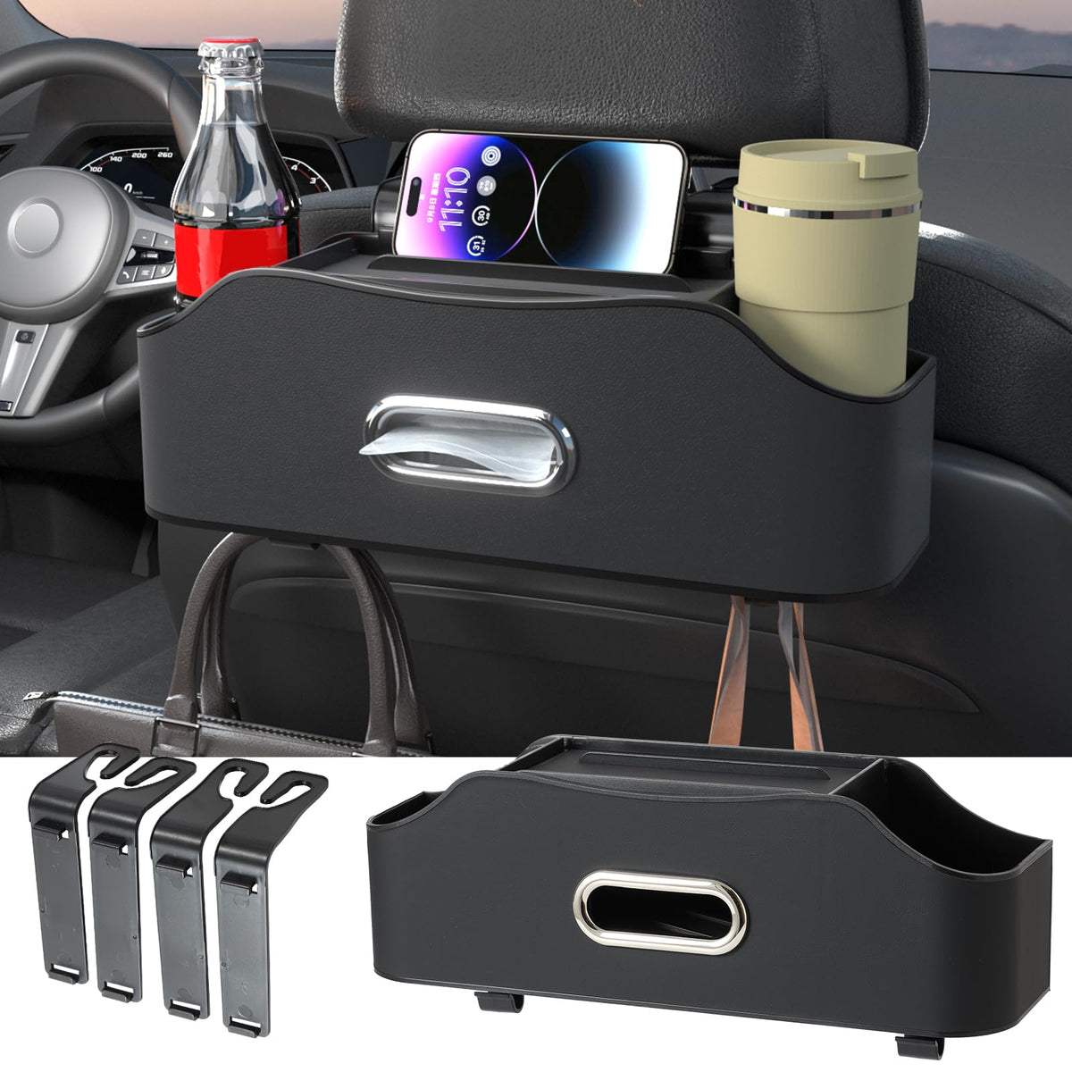 Back Seat Cup Holder for Car – Multifunctional Seat Back Organizer with Drink Holders, Tissue Box Storage & Hooks, Fits Headrest for Auto. (White)