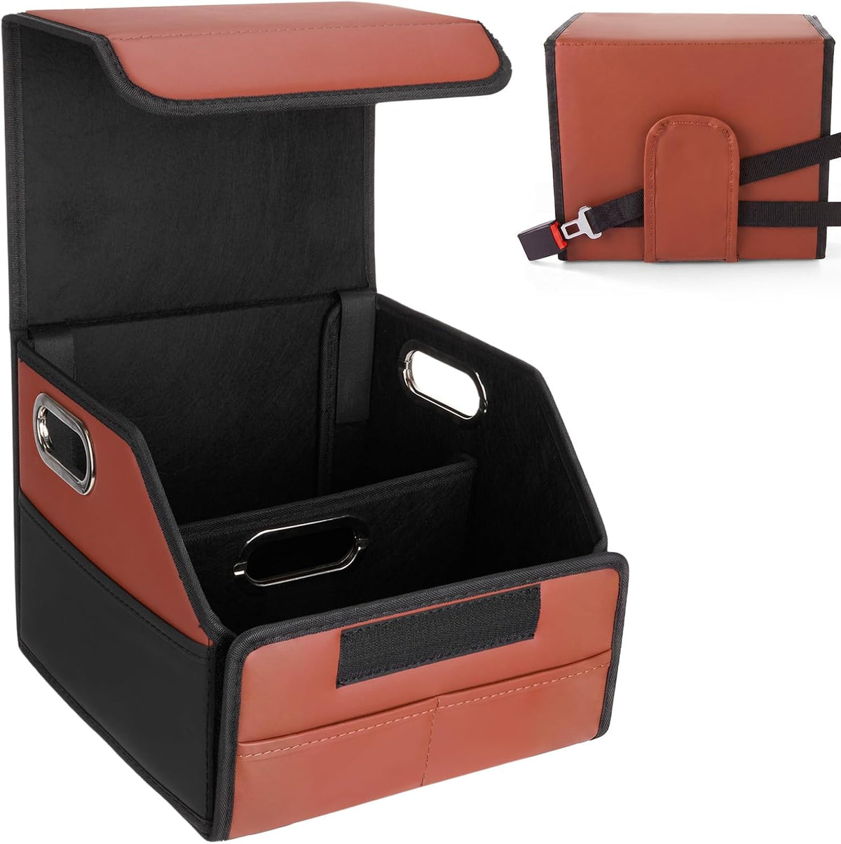Car Storage Organizer with Box Lid, Leather Car Seat Organizer, Brown Black