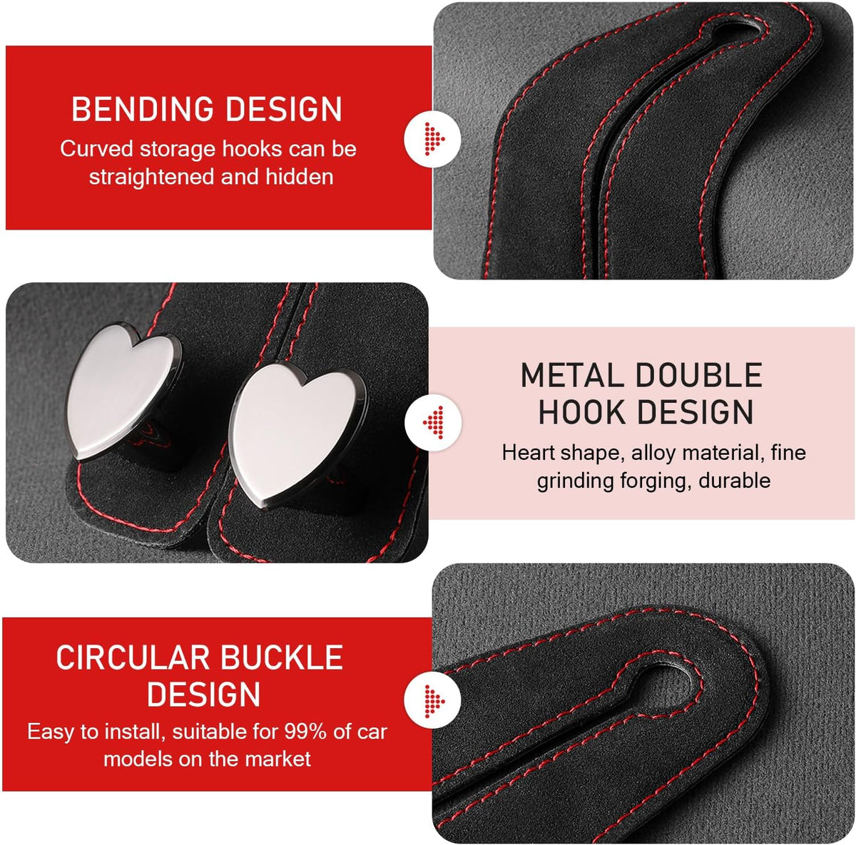 2 PCS Car Seat Headrest Hook, Suede Cute Heart Shape Metal Double Head Purse Hook, Universal Automotive Seat Back Storage Hanger, Car Accessories for Women (Black)