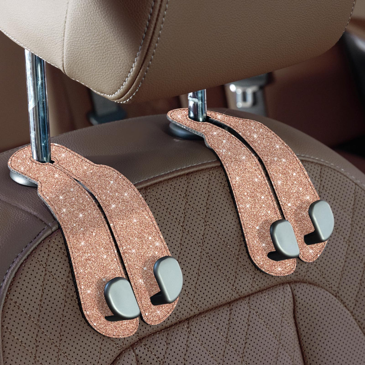 CoBak Purse Hook for Car - Universal Premium Stitched Leather and Aluminum-Magnesium Alloy Double Car Seat Back Storage Hook for Purses, Handbags, Bags (2 Pack),SageGreen
