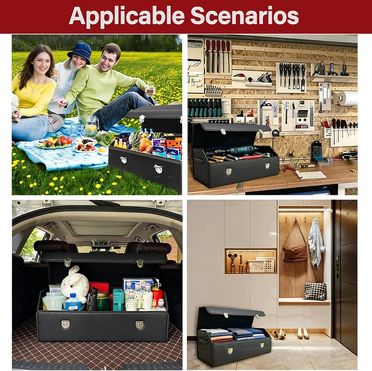 Leather Storage Box Car Trunk Organizer with Lid, Foldable PU Leather Cargo Storage Bin for SUV Sedan Truck, Portable Auto Organizer for Grocery Tool Storage, Black 14.9" L*12.2" W*11.8" H