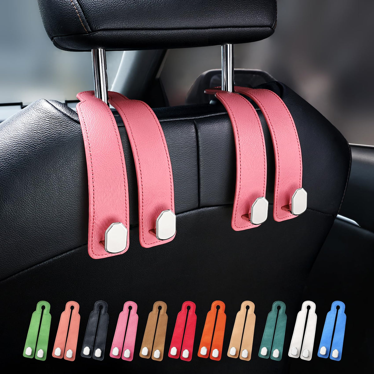 Car Seat Headrest Hooks, Genuine Leather and Zinc Alloy Car Purse Hook,Car Bag Hook,Car Seat Back Storage Hook for Purses, Handbags, Bags