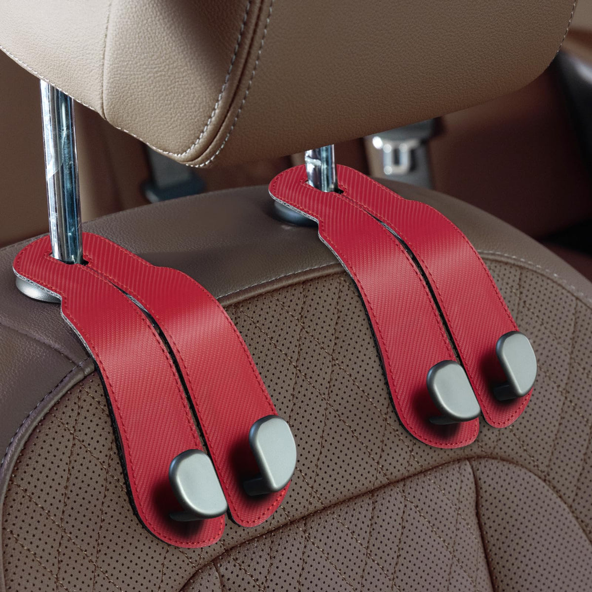 CoBak Purse Hook for Car - Universal Premium Stitched Leather and Aluminum-Magnesium Alloy Double Car Seat Back Storage Hook for Purses, Handbags, Bags (2 Pack),Beige