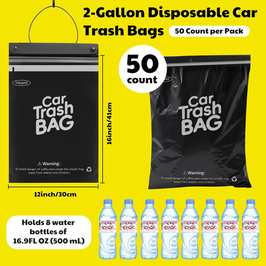 50 Bags Hanging Car Trash Bags Disposable, 2 Gallon Car Garbage Bags. Black