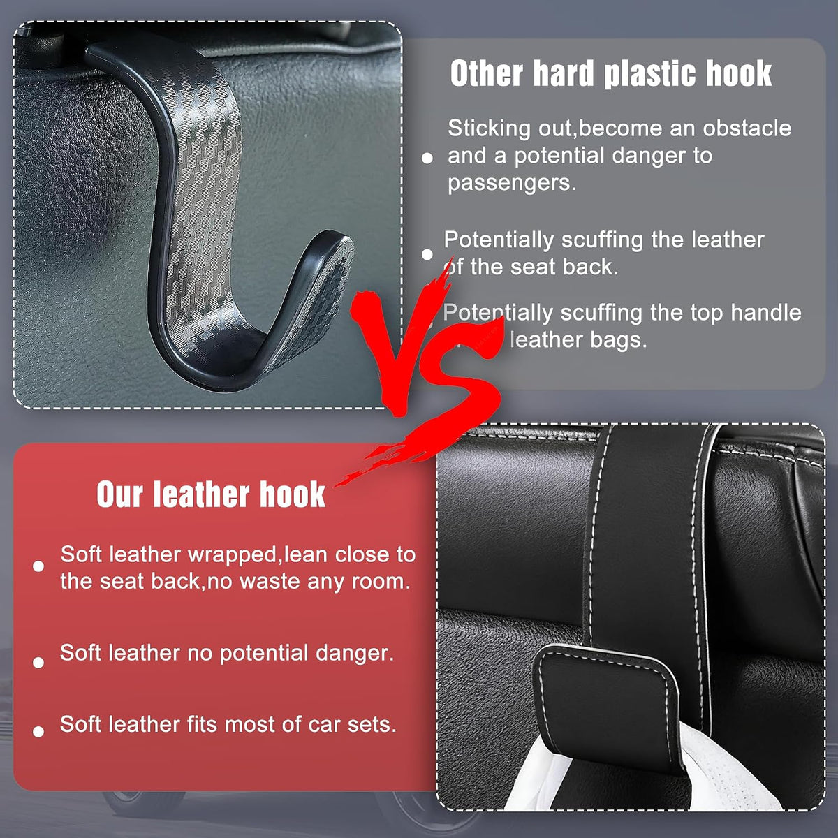 Leather Car headrest Hook for Purses and Bags (Black, 2pcs)