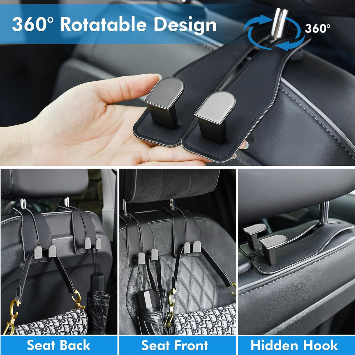 Car Hooks for Headrest, Leather Car Seat Back Storage Organizer Interior Accessories, More Wide & Deep Auto Seat Hook Hangers for Purse Umbrellas Handbag Clothes Coats Grocery Bags (Black-2 Pack)