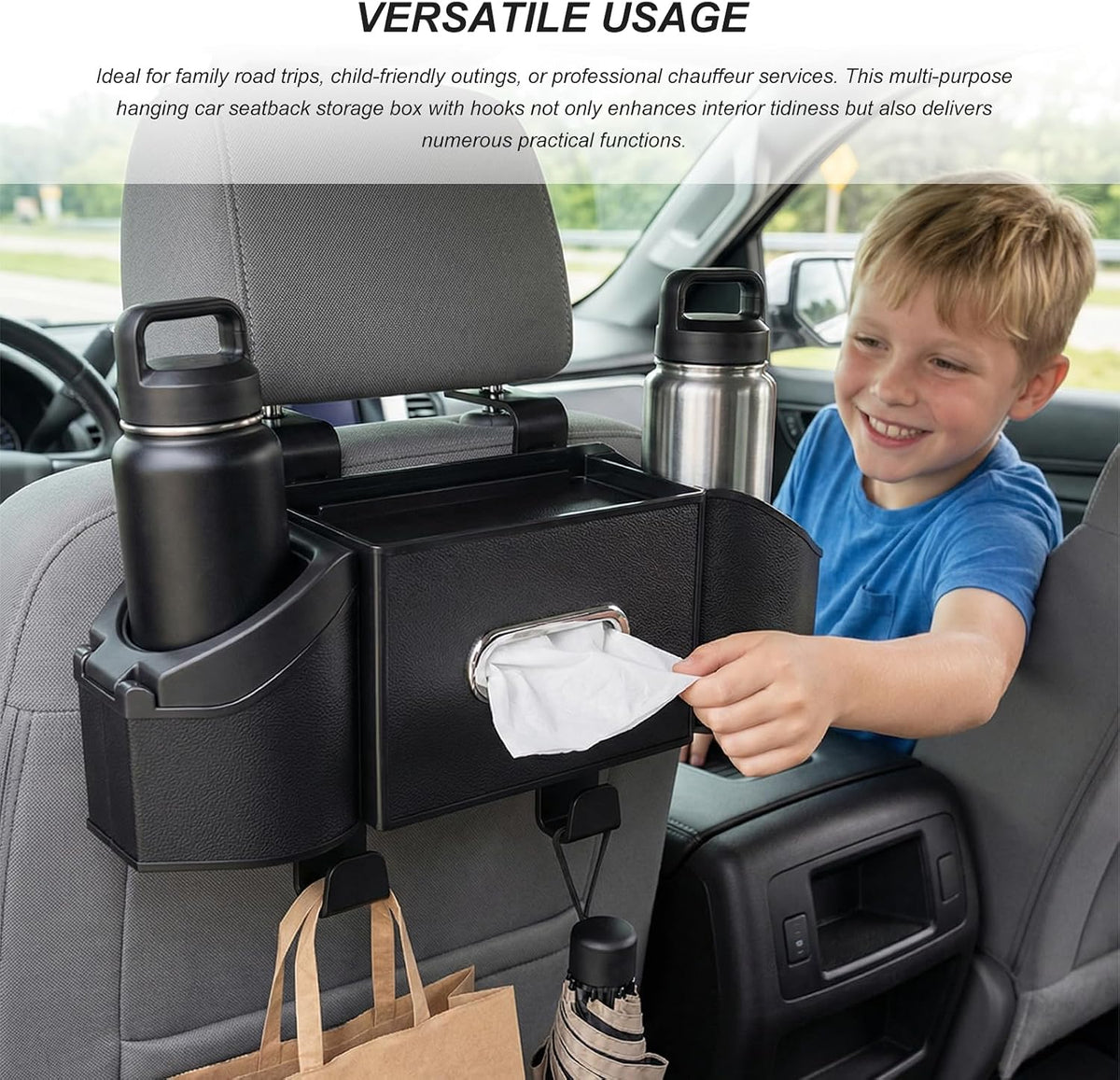 Car Backseat Organizer, 7-in-1 Auto Seat Back Drink Cup Holder Organizer with Tissue Box & Hooks, Multifunctional Vehicle Headrest Storage Box for Hold Phone Snacks Drinks (Black)