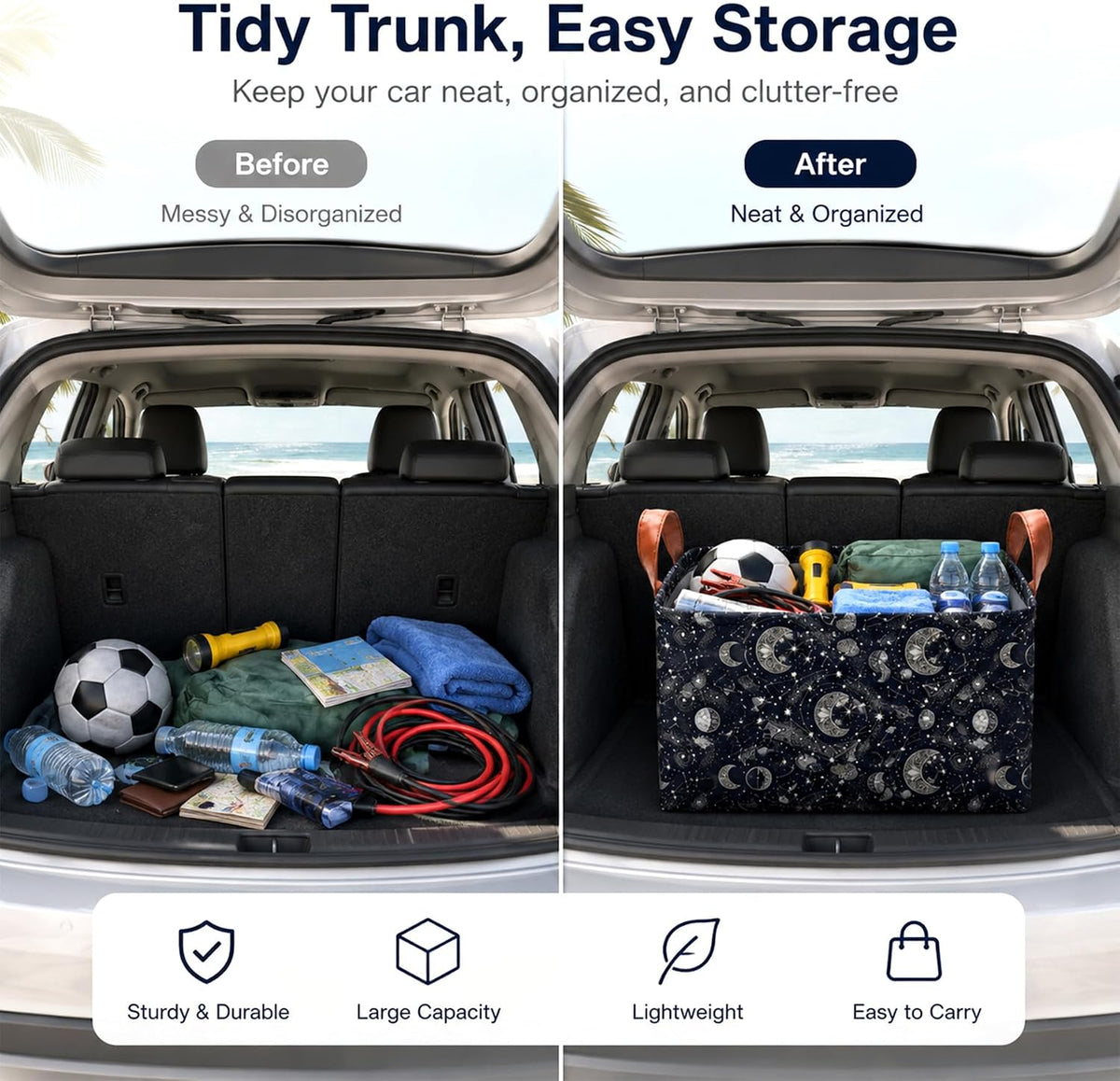 Bow Car Trunk Organizer 20L Collapsible Auto Storage Basket with Handles