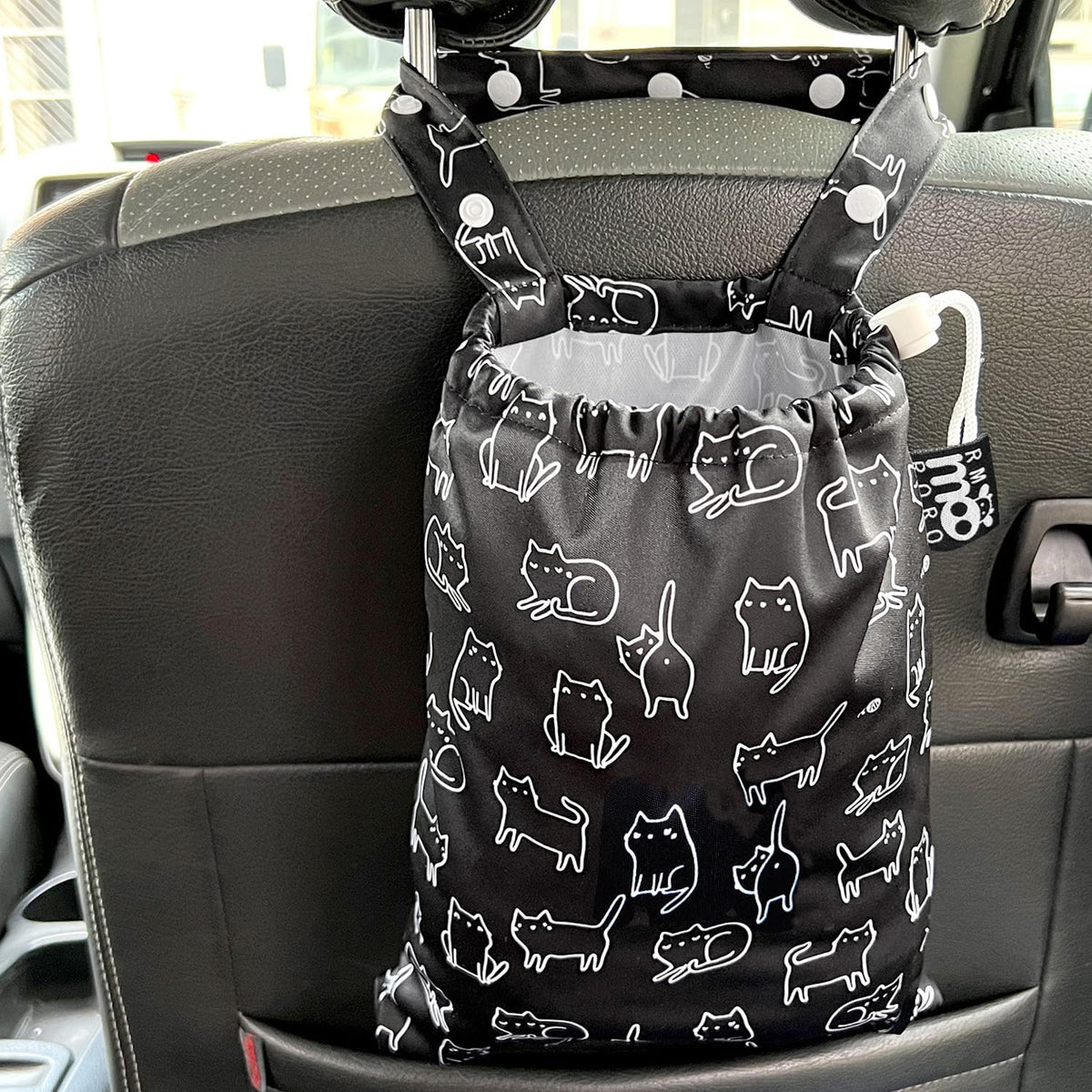 Waterproof Car Trash Bag Reusable Portable Garbage Can with Drawstring Top Adjustable Hanging Strap Leakproof & Washable for Cars SUVs & Trucks (White Cats)