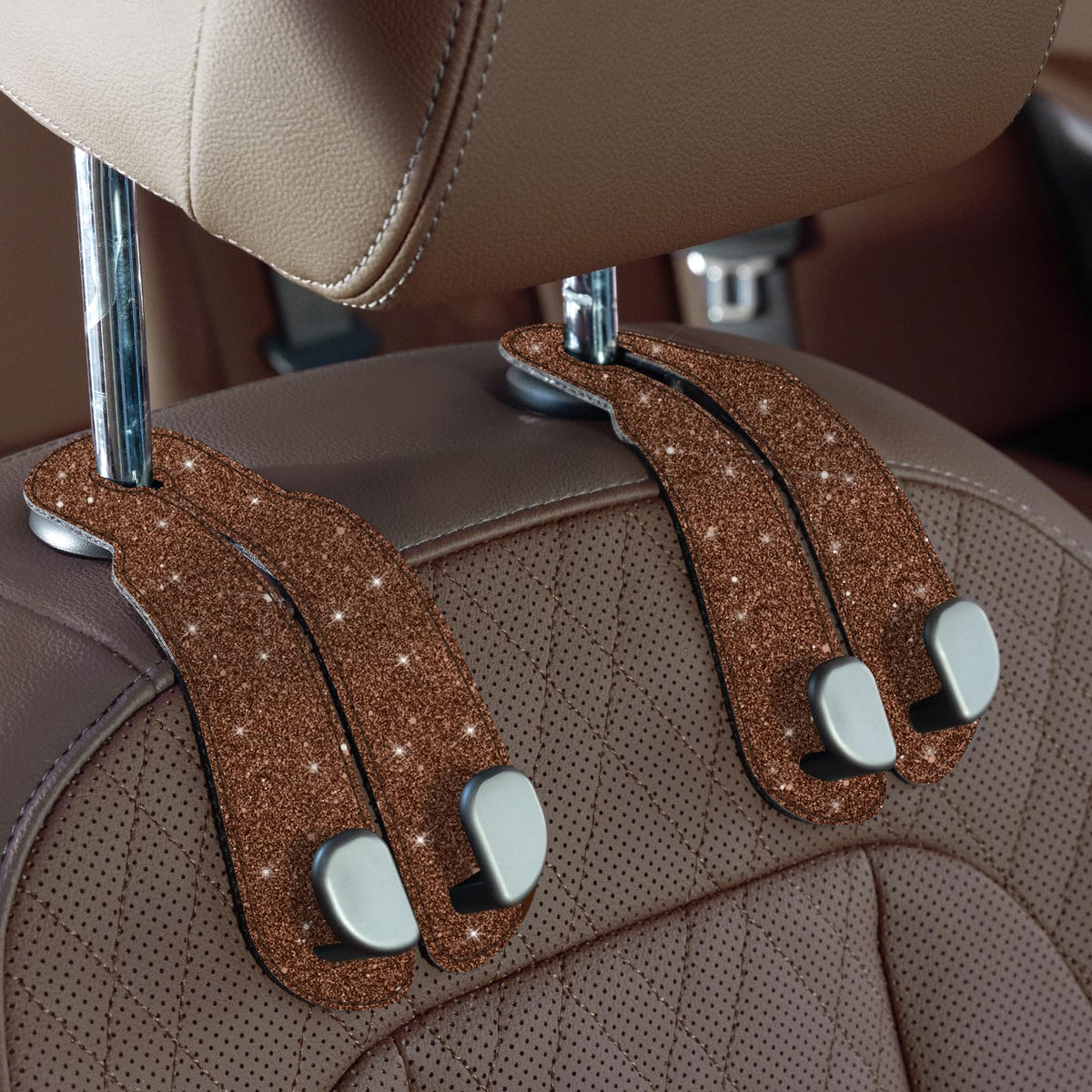 CoBak Purse Hook for Car - Universal Premium Stitched Leather and Aluminum-Magnesium Alloy Double Car Seat Back Storage Hook for Purses, Handbags, Bags (2 Pack),Beige